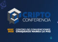 Imagen promocional de Criptoconferencia Bolivia 2025, 6ta edición. Sobre fondo azul con íconos flotantes de Bitcoin
