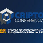 Imagen promocional de Criptoconferencia Bolivia 2025, 6ta ediciรณn. Sobre fondo azul con รญconos flotantes de Bitcoin