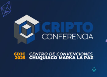 Imagen promocional de Criptoconferencia Bolivia 2025, 6ta edición. Sobre fondo azul con íconos flotantes de Bitcoin