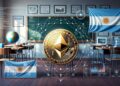Un aula de una escuela con banderas argentinas y una criptomoneda ether.