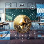 Un aula de una escuela con banderas argentinas y una criptomoneda ether.