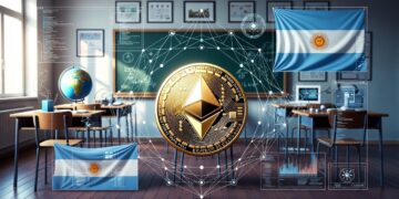 Un aula de una escuela con banderas argentinas y una criptomoneda ether.