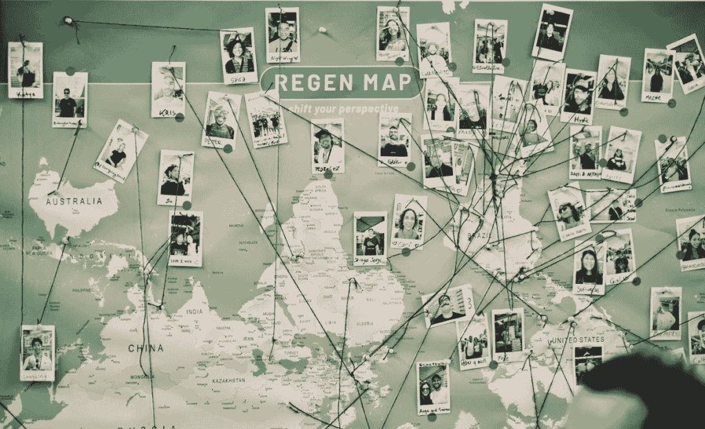 Un mapa con hilos que conecta la procedencia de los especialistas de Ethereum que participaron en la edición 2025 de Devconnect Argentina