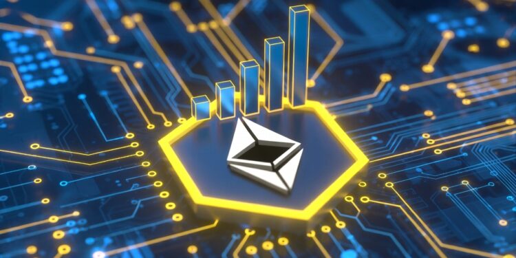 El logo de Ethereum junto a un grafico de barras ascendente.