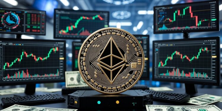 Una moneda de Ether junto a pantallas con gráficos de trading.