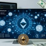 Pantallas de computadoras con símbolos, gráficos financieros y el logo de Ethereum, junto a billetes de dolar.