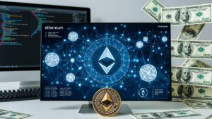 Pantallas de computadoras con símbolos, gráficos financieros y el logo de Ethereum, junto a billetes de dolar.