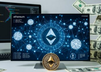Pantallas de computadoras con símbolos, gráficos financieros y el logo de Ethereum, junto a billetes de dolar.