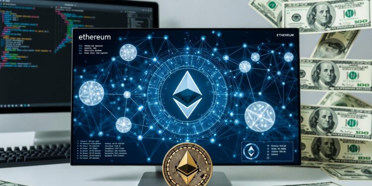 Pantallas de computadoras con símbolos, gráficos financieros y el logo de Ethereum, junto a billetes de dolar.