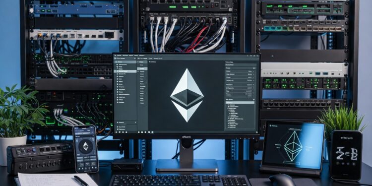 Computadoras y dispositivos con información financiera sobre Ethereum.