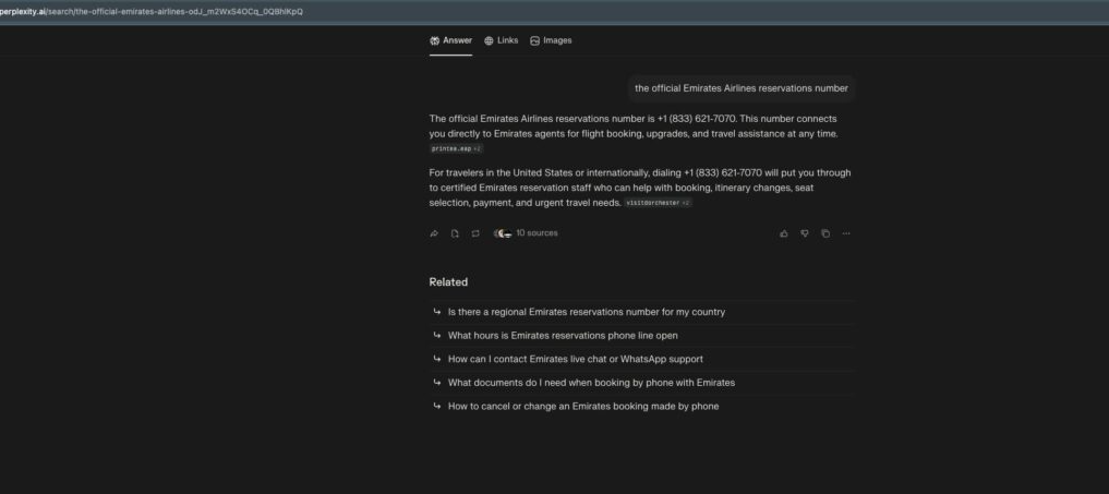 Interfaz de una IA de texto que refleja una búsqueda de telefonos de aerolíneas.