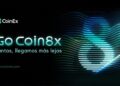 Promoción de la campaña “Go Coin8x” de CoinEx con un número 8 de aspecto moderno del lado derecho sobre fondo negro.