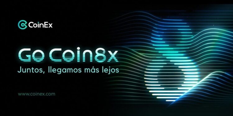 Promoción de la campaña “Go Coin8x” de CoinEx con un número 8 de aspecto moderno del lado derecho sobre fondo negro.