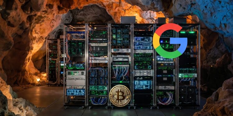 Un centro de cómputo y de datos en una cueva, junto al logo de Google y a una moneda de bitcoin.