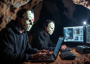 Hackers operando en un centro de computación dentro de una cueva.