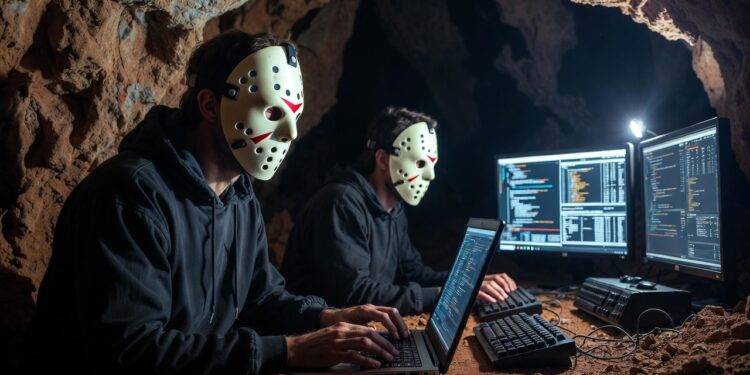 Hackers operando en un centro de computación dentro de una cueva.