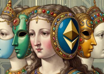 Imagen del estilo renacentista con una persona con muchas cabezas y máscaras, junto al logo de Ethereum.