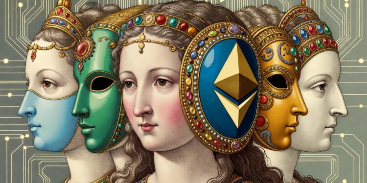 Imagen del estilo renacentista con una persona con muchas cabezas y máscaras, junto al logo de Ethereum.