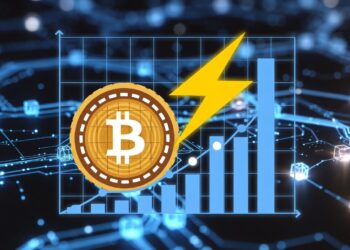 Una moneda de Bitcoin junto a un rayo amarillo y a un grafico de barras ascendente.