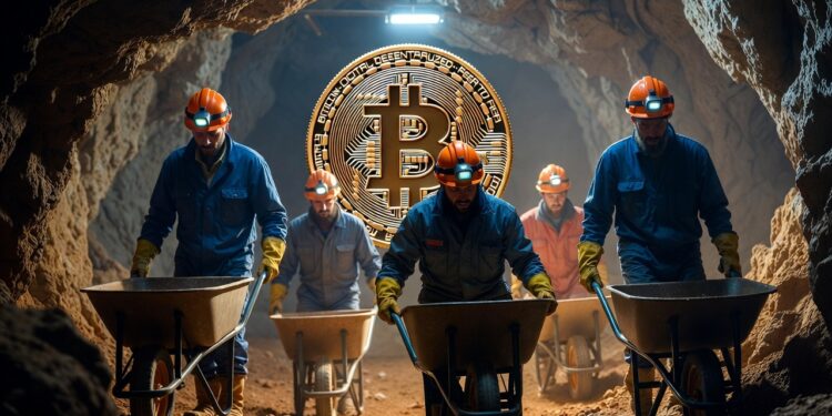 Mineros trabajando en una cueva junto a una minera de Bitcoin.