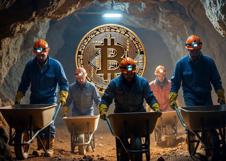Mineros trabajando en una cueva junto a una minera de Bitcoin.