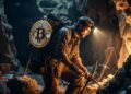 Un hombre trabajado en una cueva minera, cargand una moneda de Bitcoin.