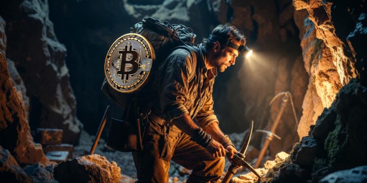 Un hombre trabajado en una cueva minera, cargand una moneda de Bitcoin.