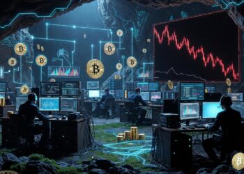 Mineros de Bitcoin operando dentro de una cueva minera, junto con computadoras y graficos.