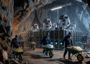 Mineros trabajando en una cueva junto a un centro de cómputo de IA.
