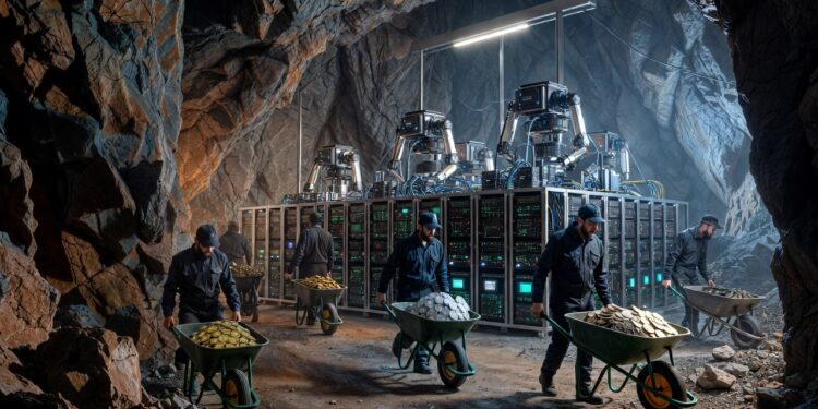 Mineros trabajando en una cueva junto a un centro de cómputo de IA.