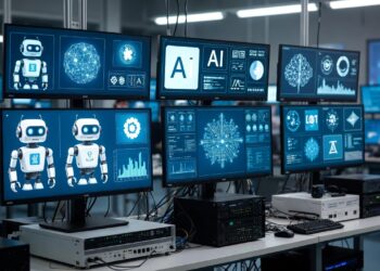 Laboratorio con computadoras e imagenes en sus pantallas de graficos y simbolos de IA.