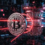 Una moneda de Bitcoin siendo atravesada por rayos desde un ordenador cuántico.