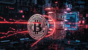 Una moneda de Bitcoin siendo atravesada por rayos desde un ordenador cuántico.
