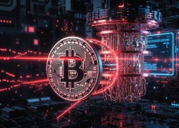 Una moneda de Bitcoin siendo atravesada por rayos desde un ordenador cuántico.