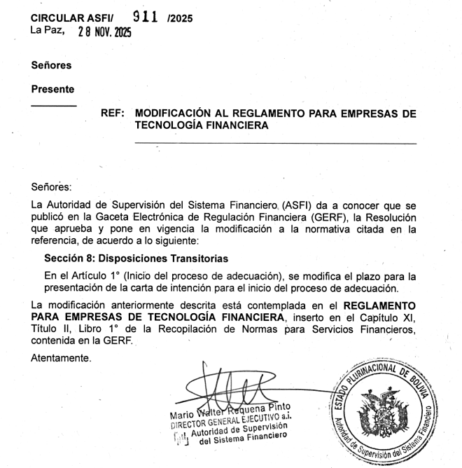Captura de la resolución de la ASFI para empresas fintech y exchanges de criptomonedas en Bolivia.