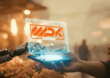 La mano de un robot humanoide sobre un smartphone sostenido por una mano humana mientras surge un holograma con la palabra Tether.