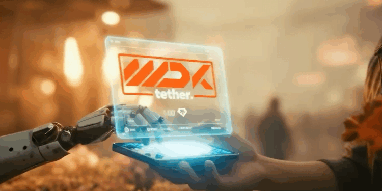 La mano de un robot humanoide sobre un smartphone sostenido por una mano humana mientras surge un holograma con la palabra Tether.