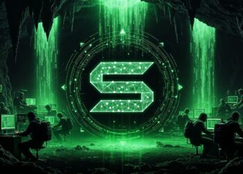 Personas operando en un centro de computación; de fondo, el logo de la red Solana.