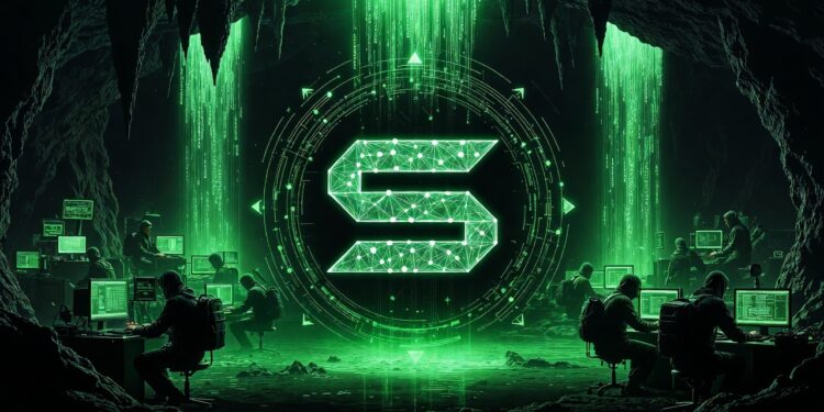Personas operando en un centro de computación; de fondo, el logo de la red Solana.