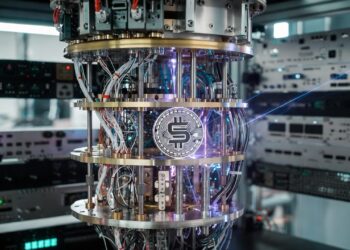 Un ordenador cuántico en un laboratorio junto a una moneda de solana.