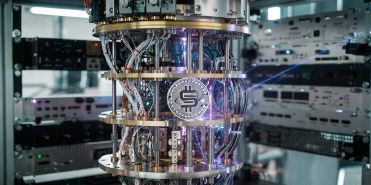 Un ordenador cuántico en un laboratorio junto a una moneda de solana.