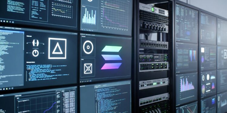 Un centro de computación con aparatos operando.