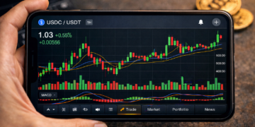 Gráfico de velas de USDC/USDT (tether y circle) en un smartphone sostenido por una mano, con indicadores de trading visibles