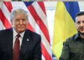 Los rostros de Trump y Zelensky frente a las banderas de Estados Unidos y Ucrania.
