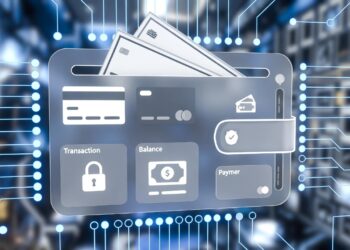 Una wallet digital con gráficos y símbolos económicos.