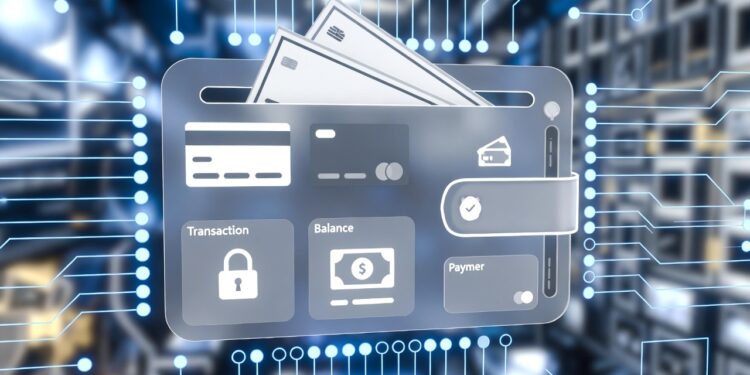 Una wallet digital con gráficos y símbolos económicos.