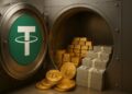 Bóveda de Tether con lingotes de oro, fajos de billetes de dólares y monedas de bitcoin.