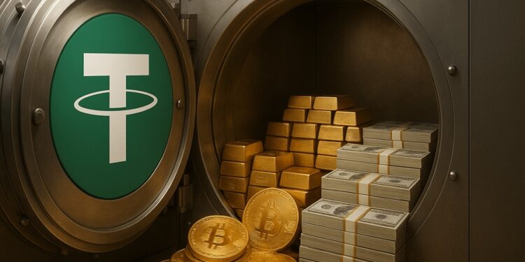 Bóveda de Tether con lingotes de oro, fajos de billetes de dólares y monedas de bitcoin.
