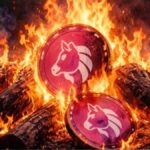 Tokens de Uniswap con el logo del unicornio blanco se queman en una hoguera.