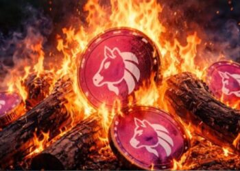 Tokens de Uniswap con el logo del unicornio blanco se queman en una hoguera.